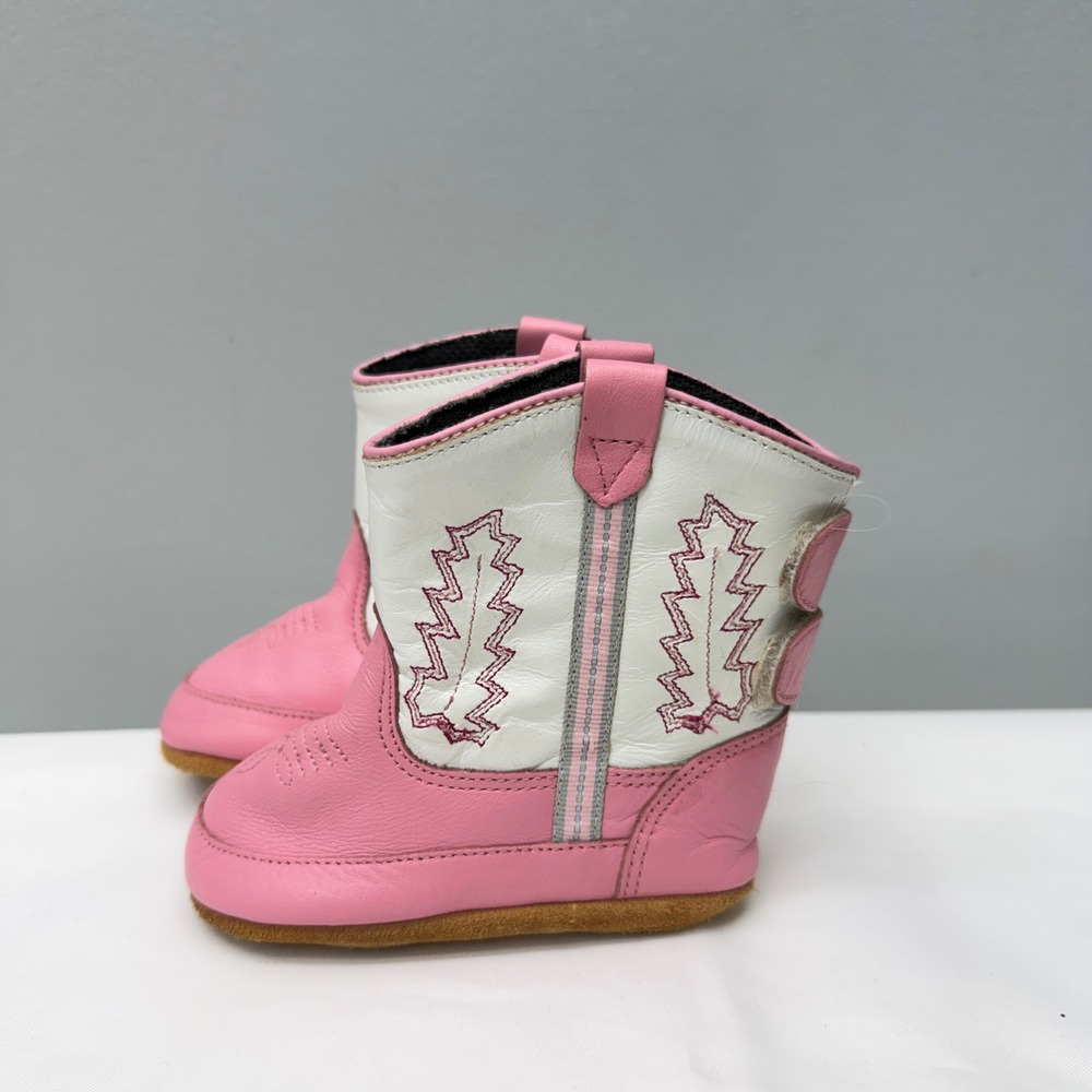 Old West Pink‎ Poppets White Leather Cowboy Boots Girls 4 10032 Soft Sole